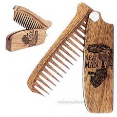 Beard Comb for Men Pocket Folding Combs for Mustache & Hair Travel Natural Wooden Comb with Real Man Engraving Perfect for Use w Beard Balm Oil