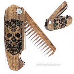 Beard Comb for Men Pocket Folding Combs for Mustache & Hair Travel Natural Wooden Comb with Skull Engraving Perfect for Use w Beard Balm Oil