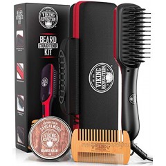 Beard Straightener Brush for Men Fast Heating Ceramic and Ionic Mens Beard Straightener Comb Heated Beard Brush Includes Wooden Beard Comb & Beard Balm with Sandalwood Scent