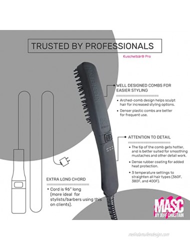 KUSCHELBÄR PRO Heated Beard Straightener Brush from MASC by Jeff Chastain Arched Comb for More Styling Options Extra-Long Fixed Cord 3D Heated Plate Design 3 Temperature Settings Auto Turn-Off
