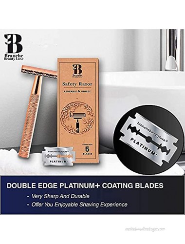 Branche Beauty Luxe Metal Double Edge Safety Razor for Women and Men with 5 platinum blades | Eco Friendly | Reusable | Wet Shaving Kit | Zero Waste Razor