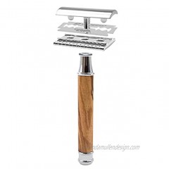 KeBuLe Mens Double Edge Retro Long Natural Olive Wood Handle Sliver Safety Razor with Holder Includes 10 Blades