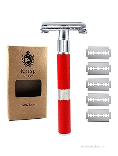 Krisp Shave 4 inch Long Handled Double Edge Safety Razor Butterfly Open Men Women Shaving Razor with 5 Premium Shave Blades Red