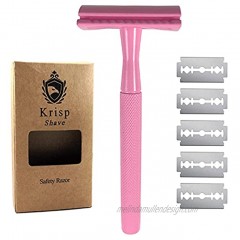 Krisp Shave Stainless Steel 4.5 Long Handle Pink Safety Razor for Women Double Edge Razor Fits All Double Edge Razor Blades Comes With 5 Shaving Blades