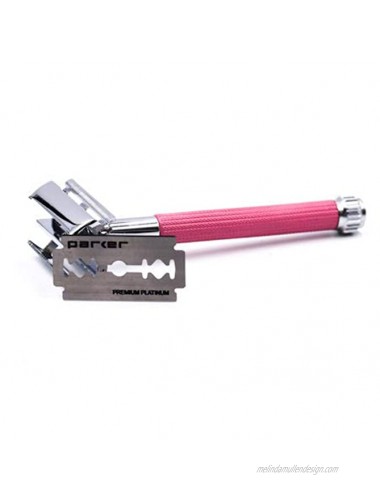 Parker 29L Long Handle Women's Double Edge Butterfly Open Double Edge Safety Razor Pink with 5 Parker Premium Platinum Blades – Textured Plated Brass Handle