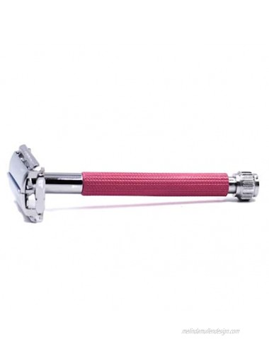 Parker 29L Long Handle Women's Double Edge Butterfly Open Double Edge Safety Razor Pink with 5 Parker Premium Platinum Blades – Textured Plated Brass Handle