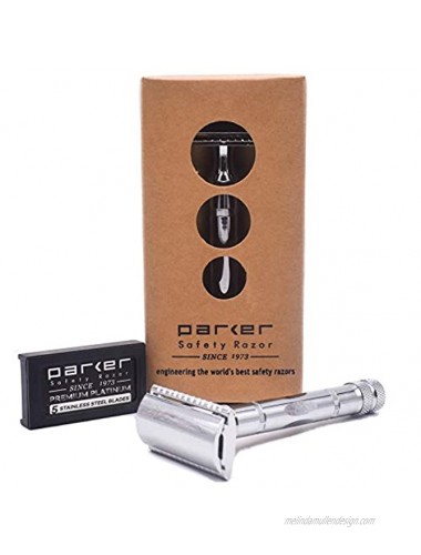 Parker 89R Super Heavy Weight Double Edge Safety Razor with 5 Premium Platinum Parker Double Edge Razor Blades – 3-Piece Men’s Razor – Brass and Nickel Plated for Quality Shaves at Home