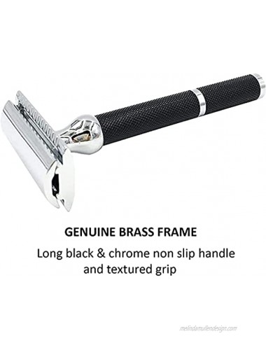 Parker Safety Razor 71R Medium Weight Long Handle Double Edge Safety Razor with 5 Parker Platinum Stainless Steel Razor Blades Black Electroplated Brass Handle