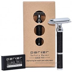 Parker Safety Razor 71R Medium Weight Long Handle Double Edge Safety Razor with 5 Parker Platinum Stainless Steel Razor Blades Black Electroplated Brass Handle