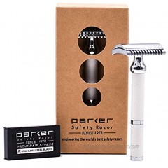 Parker's 70C Double Edge Safety Razor White Open Comb Design for a smooth and Comfortable Shave 5 Parker Platinum Double Edge Blades Included Great for both Men and Women,