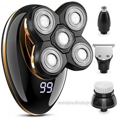 Electric Head Shaver for Men 5-in-1 Bald Head Shaver with LED Display Waterproof Mens Electric Razor Rechargeable Wet Dry Rotary Shavers with Clipper Nose Trimmer Facial Brushes Yellow