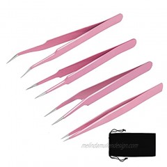 EAONE 4 Pieces Eyelash Extension Tweezers Stainless Steel Lash Tweezers Straight and Curved Tip Professional Tools Set Tweezers Nipper for Eyelash Extensions with 1 Flannel Bag- Pink