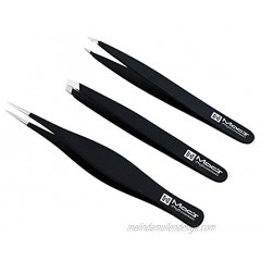 MACS TWEEZERS SET;- for Eyebrow Plucking Ingrown Hair -Best for Eyebrow Hair Facial Hair Removal Stainless Steel Precision Sharp- Pointy Ends Meet Perfectly. 3 PCs Black Tweezers Set