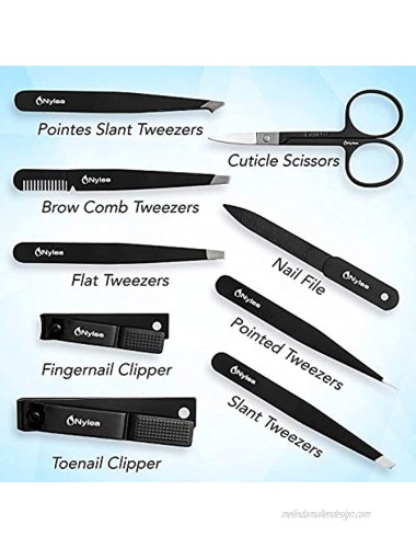 Nylea Tweezers Set and Nail Clippers for Men and Women Stainless Steel for Eyebrows Tweezer Kit for Ingrown Hair Best Precision Slant Tip Facial Hair and Eyelashes 9pcs