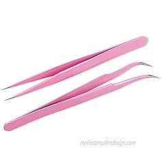 Onwon 2 Pcs Pink Stainless Steel Tweezers for Eyelash Extensions Straight and Curved Tip Tweezers Nippers False Lash Application Tools