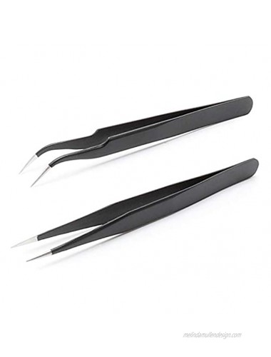 Professional Tweezers for Eyelash Extension Straight and Curved Pointed Tweezers Stainless Steel Precision Tweezers set 2 Pcs Black