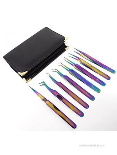 Set of 8 pcs High Precision Multi Rainbow Color Stainless Steel 3D 5D 6D Volume False Eyelash Extension Tweezers