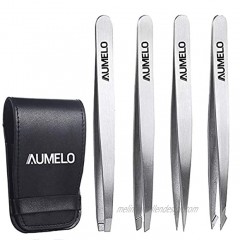 Tweezers Set 4-Piece Professional Stainless Steel Tweezers Gift with Travel Case by Aumelo Best Precision Eyebrow and Splinter Ingrown Hair Removal Tweezer Tip,No Colored & Chemical Free