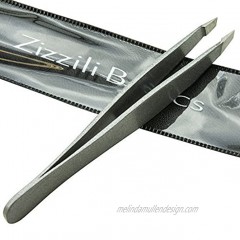 Zizzili Basics Tweezers Surgical Grade Stainless Steel Slant Tip for Expert Eyebrow Shaping and Facial Hair Removal with Bonus Protective Pouch Best Tweezer for Men and Women