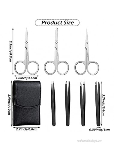 Nose Hair Scissors Facial Hair Scissors 3 Pieces Curved and Rounded Facial Hair Scissors with 4 Pieces Stainless Steel Tweezers for Eyebrows Nose Mustache Beard