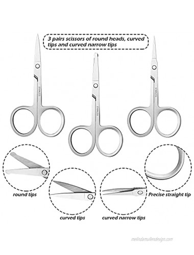 Nose Hair Scissors Facial Hair Scissors 3 Pieces Curved and Rounded Facial Hair Scissors with 4 Pieces Stainless Steel Tweezers for Eyebrows Nose Mustache Beard