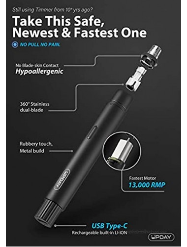 UPDAY Newest Rechargeable Ear and Nose Hair Trimmer Fastest 13000 RPM USB Type-C Port Blade Spare Metal Build Easy Use and Clean
