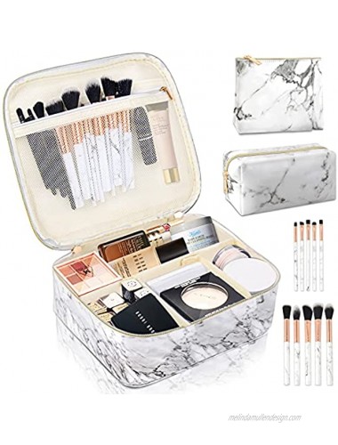 3PCS Makeup Bags for Women with 10 Pcs Brushes Portable Travel Cosmetic Bag for Accessories Waterproof Marble Large Organizer Makeup Case Multifunction Artist Storage Case with Adjustable Dividers