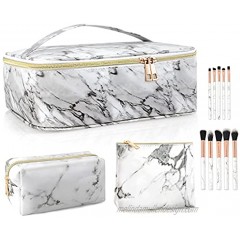 3PCS Makeup Bags for Women with 10 Pcs Brushes Portable Travel Cosmetic Bag for Accessories Waterproof Marble Large Organizer Makeup Case Multifunction Artist Storage Case with Adjustable Dividers