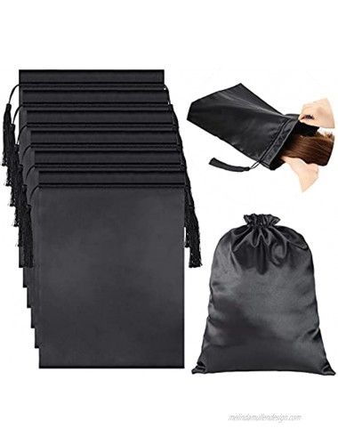 6 Pieces Satin Wig Bags Soft Silky Pouches with Drawstring Tassel Packaging Hair Extensions Bundles Wigs Bags Hair Tools Storage Bags for Home and Salon Use Solid Black Series