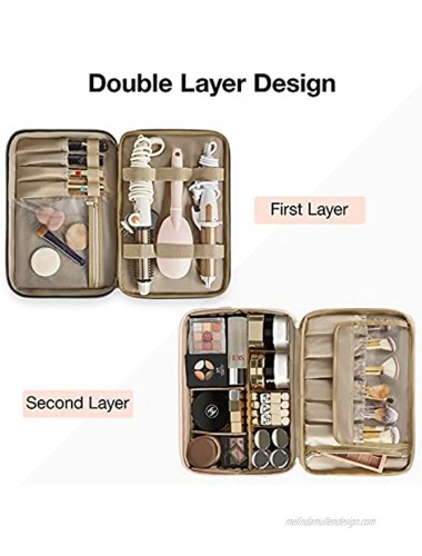 Large Makeup Bag BAGSMART Double Layer Cosmetic Makeup Organizer Travel Makeup Train Case with Shoulder Strap for Cosmetics Makeup Brushes Toiletries Travel Accessories