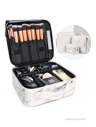 Luxtude Leather Travel Makeup Train Case Waterproof Makeup Bag Cosmetic Case Organizer Large Cosmetic Makeup Case with Adjustable Dividers for Women Cosmetics Brushes Toiletry Jewelry etc. Marble
