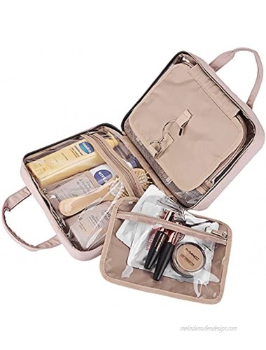 NISHEL Large Hanging Travel Toiletry Bag Portable Makeup Organizer Water Resistant Cosmetic Holder for Brushes Set Full-Sized Shampoo Conditioner Accessories Pink