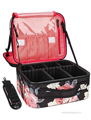 Relavel Travel Makeup Bag 2 Layer Heighten Makeup Train Case Cosmetic Storage and Organizer Box Portable Makeup Carrying Case with Shoulder Strap and Adjustable Dividers Peony Pattern