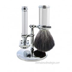 3pc set Chrome Double Edge Safety Razor Shaving Brush Black Synthetic Fibre With Stand Chrome Plated