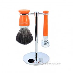 3pc set Double Edge Safety Razor Shaving Brush Black Synthetic Fibre With Stand Chrome Plated Orange