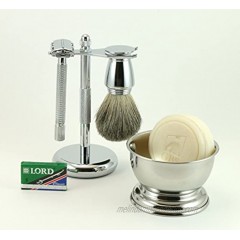 GBS 5 Piece Shaving Set 4.5" Long Handle Non-Slip Knurled DE Razor Stand Badger Brush Shaving Bowl with GBS Natural Soap + 5 DE Blades
