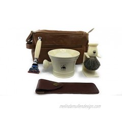 G.B.S Men's Deluxe Grooming Ivory Set- 5 Blade Razor with Case Badger Bristle Brush + Stand 4.5" Diameter Ceramic Mug Toiletry Travel Bag + Natural Glycerin Shave Soap and Shaving Kit