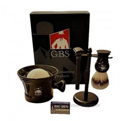 G.B.S Men's Grooming Set Double Edge Safety Razor Rubber Coated Butterfly Non-Slip Long Razor All-Natural Soap Synthetic Brush Stand Ceramic Mug Includes 15 DE Blades.