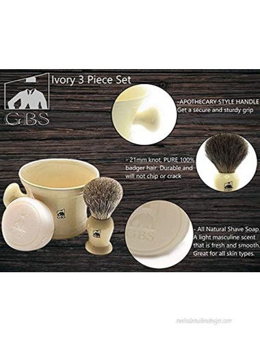 GBS Men's Shaving Set Ivory 3 Piece set Badger Hair Brush Ceramic Mug & 97% All Natural Shave Soap Compliments any Shaving Razor For The Best Shave Grooming