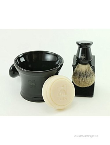 G.B.S Stylish Grooming Shaving Set- For Wet Shaving Boxed-Ceramic Black Shaving Soap Bowl Mug with Knob Handle Badger Hair Brush + Stand and Natural Shave Soap– Set for Men