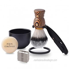 Je&Co Men's Shaving Set 6 in 1 Synthetic Shaving Brush with Straight Razor and Blades Soap Stand Bowl