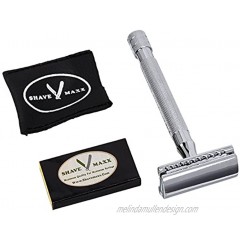 ShaveMaxx Long Handled Heavy Weight Double Edge Safety Razor Set 5 Top Brand Blades Leather Blade Guard and Polishing Towel This is The Best Shaving Razor Packaging May Vary