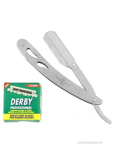 Sword & Crown Professional Made in Germany Straight Razor with 100 Pieces Interchangeable Single Edge Blade Set w the Razor Case Stainless Steel w 100 Derby Professional Blades