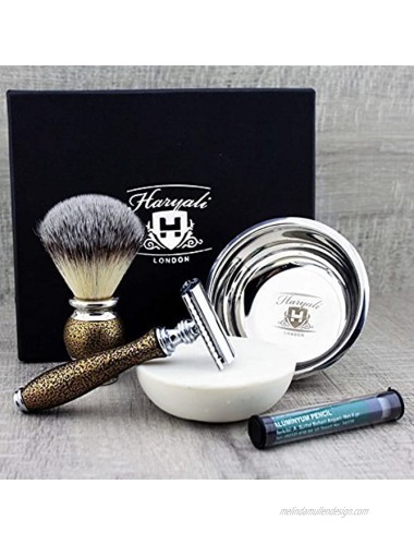 Vintage Style Men's Shaving & Grooming Set ft Synthetic Brush DE Safety Blades NOT Included Engraved Bowl & Soap