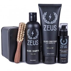 ZEUS 100% Vegan Beard Care Set Natural Plant Fiber Handled Brush with Vegan Formula Oil Shampoo and Conditioner Vanilla Rum