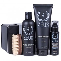 ZEUS 100% Vegan Beard Grooming Set Vegan Formula Oil Shampoo and Conditioner with Natural Plant Fiber Bristle Brush Vanilla Rum
