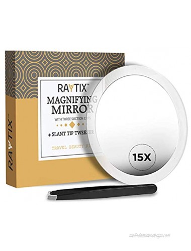 15X Magnifying Mirror & Slant Tweezers Set Makeup Application & Eyebrow Removal Essentials | Round Mirror With 3 Suction Cups & Stainless Steel Slant Tip Tweezer Use for Makeup Application 6 Inch