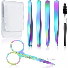6 Pieces Eyebrow Tweezers Set with Curved Scissors Eyelash Brush Stainless Steel Brow Remover Tools for Women and Girls Hair Plucking Daily Beauty Tool with Storage Case Rainbow Color