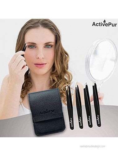 ActivePur 4 Pcs Tweezers Set Precision for Facial Hair Ingrown Hair Splinter for Eyebrows Blackhead and Tick Remover Best Professional Stainless Steel Seller Hair Remover Tweezer Set w PU Bag.