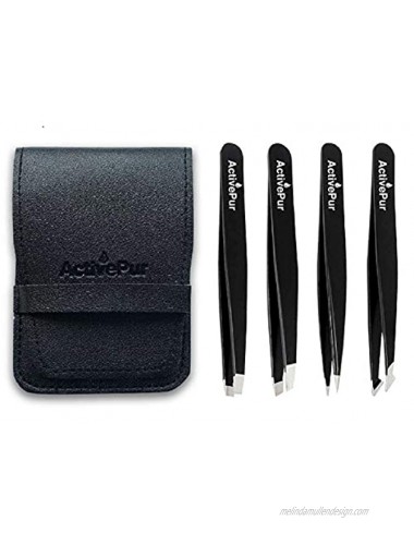 ActivePur 4 Pcs Tweezers Set Precision for Facial Hair Ingrown Hair Splinter for Eyebrows Blackhead and Tick Remover Best Professional Stainless Steel Seller Hair Remover Tweezer Set w PU Bag.